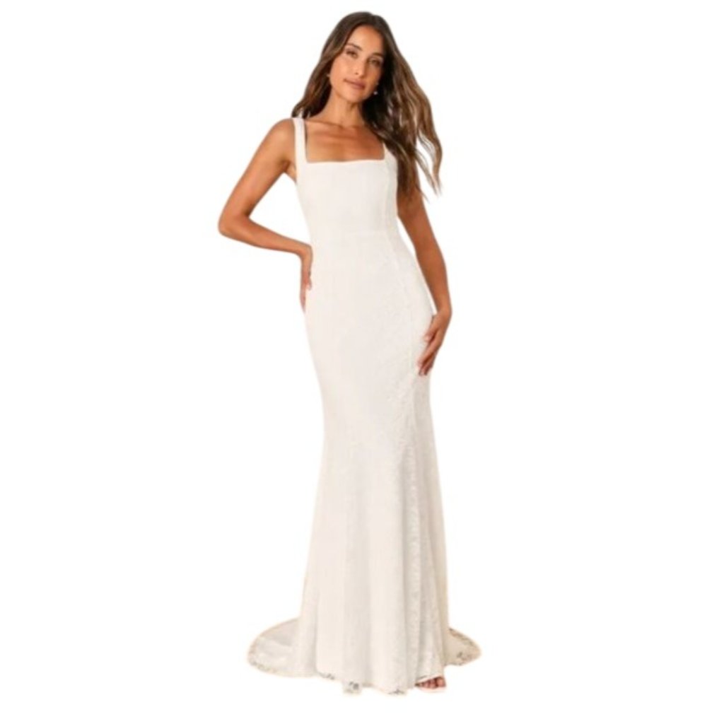 Lulu's Ivory Square-Neck Lace Wedding Gown